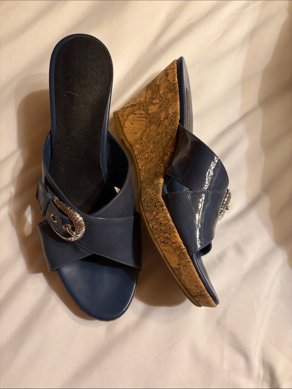 Brighton Summer Blue Wedge Slide Sandals with Cork Heel - Women's